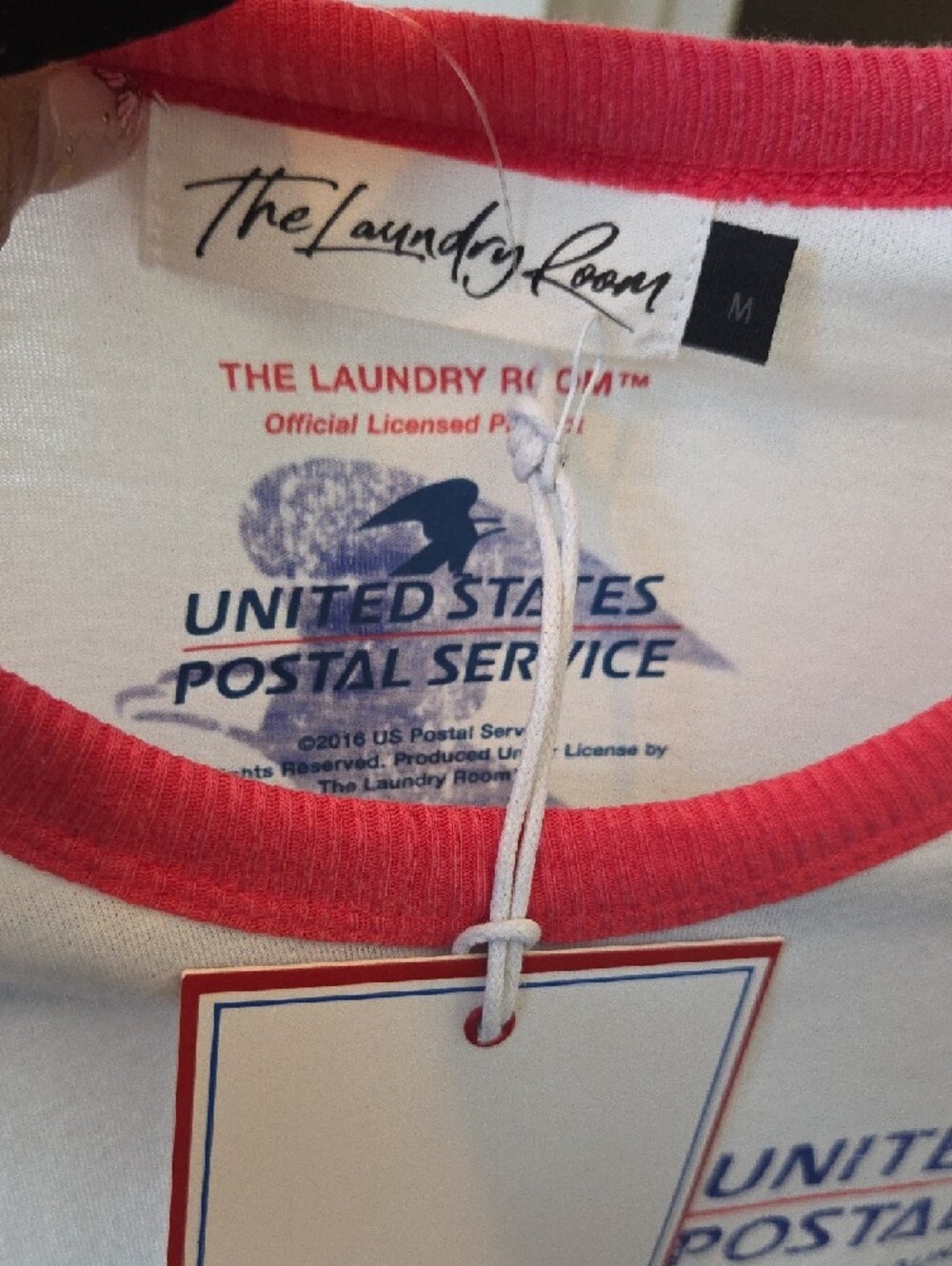 The Laundry Room White Tee with Pink/Red Ringer Trim and Blue Postal Graphic - Picture 3 of 3